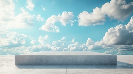 Poster - Cement pedestal for product presentation Concrete platform under a blue sky with clouds Blank illuminated backdrop for your designs Bright day setting 3D rendering