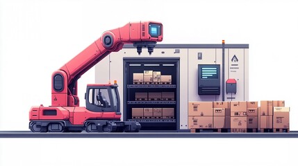 Automated Logistics Hub: A robotic arm unloads cargo from a futuristic storage unit, showcasing the efficiency of automated warehousing and distribution. 