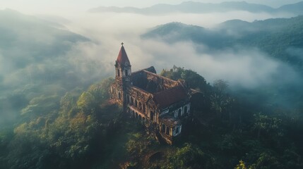 Bird's eye view of the stunning Bokor Mountain, with its mist-covered peaks and an abandoned French colonial church.