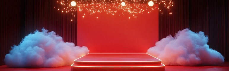 Poster - Podium adorned with fairy lights and clouds on a red backdrop 3D rendering