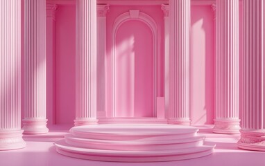 Poster - Pink podium in an ancient Greek style featuring a realistic 3D illustration Minimalist setting in a pink space with marble colonnade and classical columns