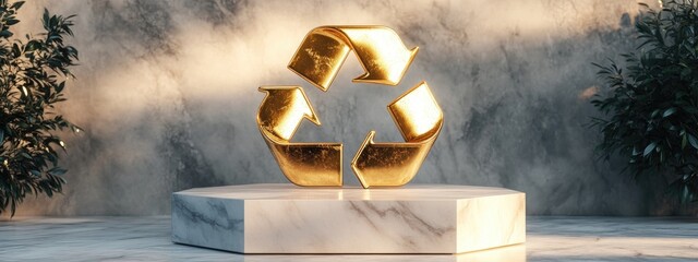 Poster - Gold glossy recycle symbol on a white marble podium Contemporary icon for digital platforms social media presentations and design templates 3D rendering