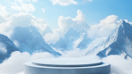 Poster - Podium Background with Blue Mountains and White Clouds 3D Illustration