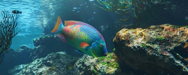 Sticker - Colorful parrotfish grazing on algae-covered rocks, 4K hyperrealistic photo