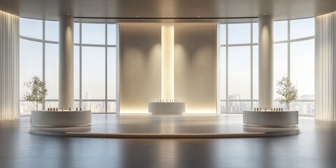 Poster - Illuminated display featuring podiums for sample products in a spacious interior with large windows 3D rendering
