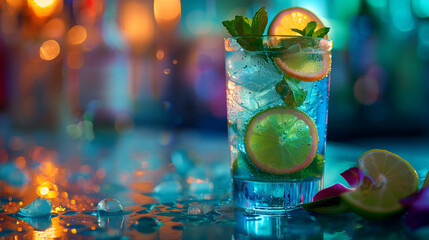 Glass of refreshing mojito cocktail is standing on a bar counter with colorful bokeh effect