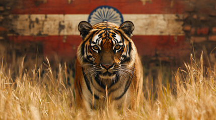 Wall Mural - majestic bengal tiger against indian flag backdrop symbolizing national pride and wildlife conservat