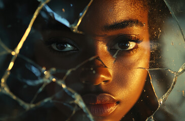 Poster - A beautiful Black woman's face reflected in the shattered glass of her mirror