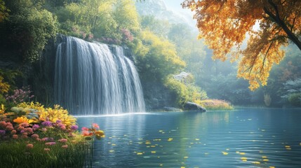 Wall Mural - Peaceful Waterfall in Lush Autumn Forest