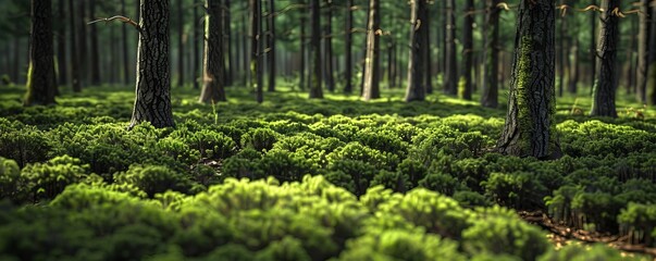 Canvas Print - Pine forest with a carpet of needles, 4K hyperrealistic photo