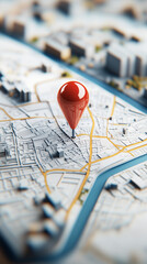 Wall Mural - red pin is marking a specific location on a 3d city map with buildings and a river