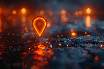 Poster - Glowing Location Pin on a Reflective Surface at Night