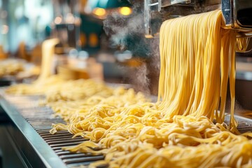 Freshly Made Fettuccine Noodles Coming Out of a Pasta Machine