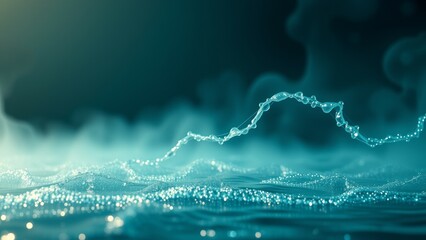 Poster - Abstract water droplets form a wave over a misty surface.