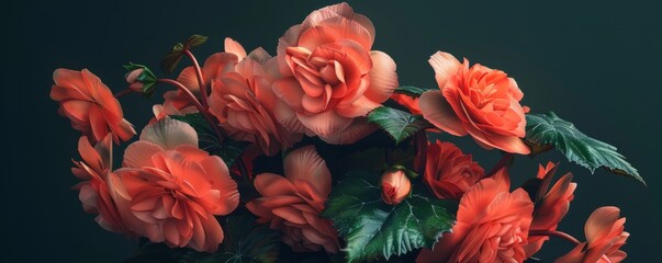 Canvas Print - Blooming begonias with ruffled petals, 4K hyperrealistic photo