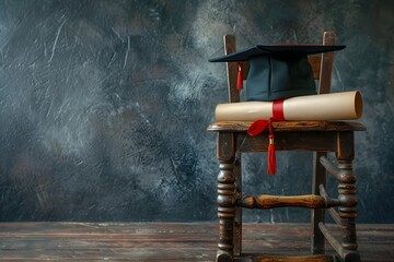 Graduation Celebration: Cap and Diploma on a Rustic Chair