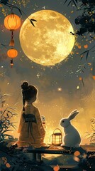 Wall Mural - On Mid-Autumn Festival, a little girl in a hanfu looked at the moon, and a rabbit sat beside her, smiling happily. generative ai