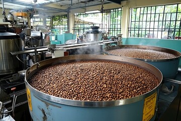 Wall Mural - Roasted Coffee Beans in Industrial Processing Equipment