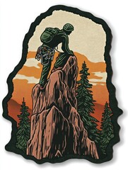 Wall Mural - A lone hiker stands on a clifftop with a backpack and climbing gear, overlooking a scenic mountain landscape at sunset.