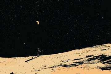 astronaut standing on a moon-like landscape with a distant planet and stars