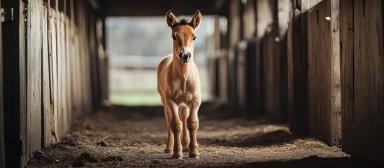 Wall Mural - Adorable Young Foal Standing in a Sunlit Barn Aisle with Wooden Stalls on Either Side