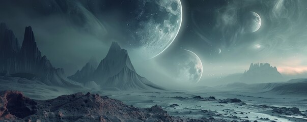 Wall Mural - Alien landscape with multiple moons in the sky, 4K hyperrealistic photo