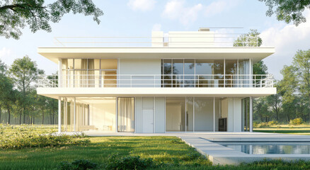 Sticker - 3D rendering of a simple two-story house in a white color, with straight lines and a minimalist style