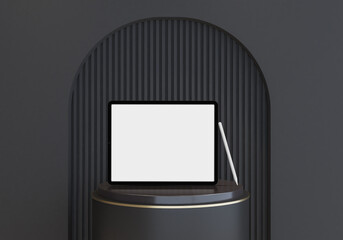 Canvas Print - digital tablet with pen mockup scene template on luxury podium and minimal background for presentati