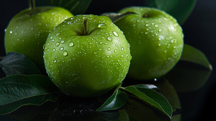 Many green apples, black background