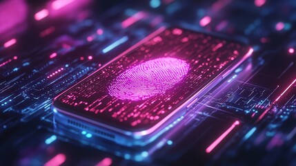 Wall Mural - Futuristic Smartphone with Digital Fingerprint on Neon Circuit Board Background Representing Cybersecurity Technology