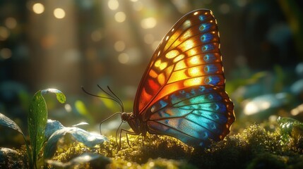 Wall Mural - A vibrant butterfly perched on moss, illuminated by soft light.