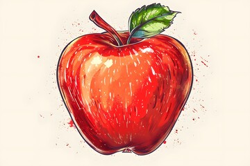 Wall Mural - Vibrant Hand-Drawn Red Apple with Leaf and Splashes of Color