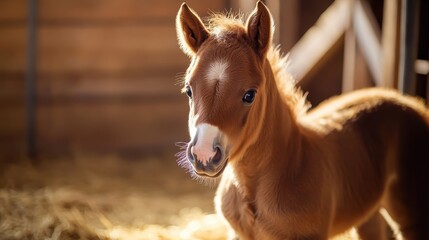 Wall Mural - Adorable Young Foal in a Sunlit Barn with Straw Bedding, Capturing the Innocence and Charm of New Life on the Farm