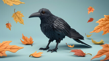 Poster - Crow Autumn elements icon 3D Cartoon