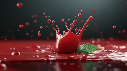 Poster - Red Splash with a Twist: A single red berry bursts into a vibrant splash, scattering droplets and leaving behind a pool of crimson liquid, creating a captivating and artistic moment. 