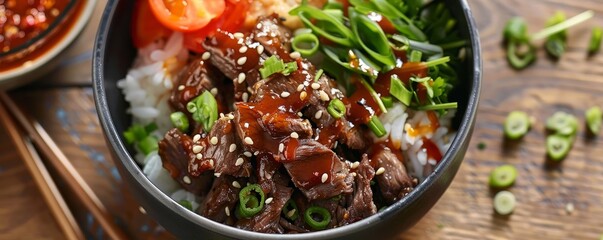 Spicy Korean beef bowl with rice, 4K hyperrealistic photo