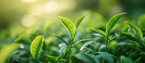 Close-Up of Fresh Green Tea Leaves in a Sunlit Garden with a Soft Focus Background