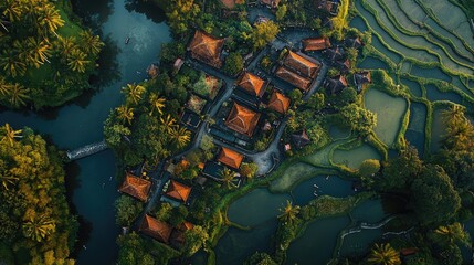 Wall Mural - Top view of the unique landscape of Karangasem, Bali, with its traditional water palaces and terraced rice fields.