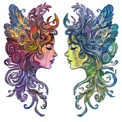 Two stylized female profiles with vibrant, swirling hair and floral elements.