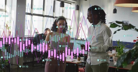 Poster - Financial data analysis animation over diverse business people discussing in office
