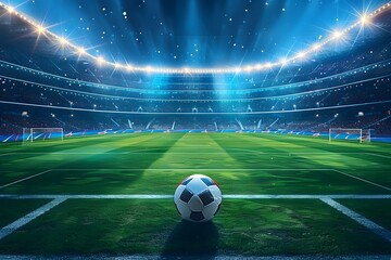 Wall Mural - A Stunning Soccer Stadium Under Bright Lights with a Ball Ready for Play