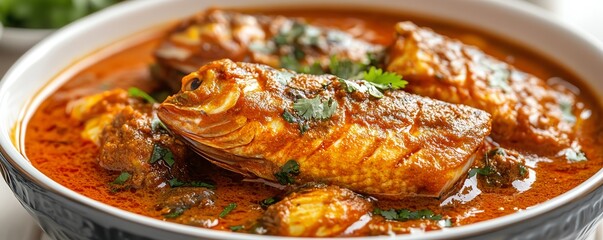 Wall Mural - a fish curry with spices, aromatic and flavorful, rich golden tones, isolated on white background