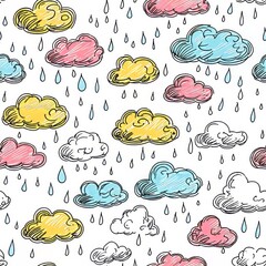 Wall Mural - seamless pattern of doodled clouds and raindrops in bright colors