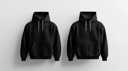 Two black hoodies displayed side by side, simple and modern clothing design, 3D illustration