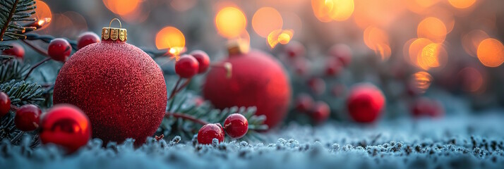 Wall Mural - Close-up of red Christmas baubles and berries on snow with bokeh lights in the background. A cozy and festive atmosphere for Christmas and New Year celebrations, creating warmth and joy