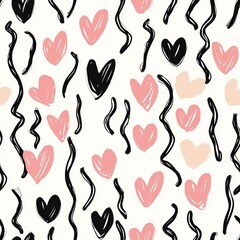 Wall Mural - seamless pattern of playful hearts and squiggly lines