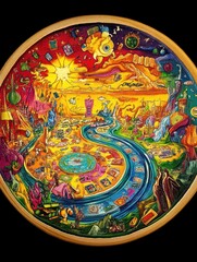 Wall Mural - a colorful, circular painting with a winding path leading to a bright sun, filled with various objec