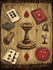 Poster - A wooden table with a goblet, playing cards, dice, a snail, a rolled piece of paper, and poker chips.