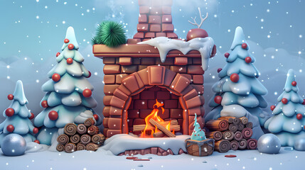 Sticker - Fireplace Winter elements icon 3D Cartoon