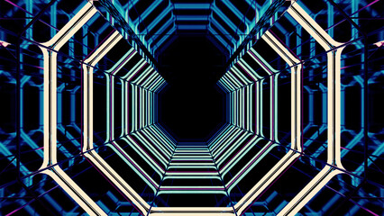 Poster - Ice color background with flying inside neon blue tunnel. Design. Corridor of hexagon silhouettes.